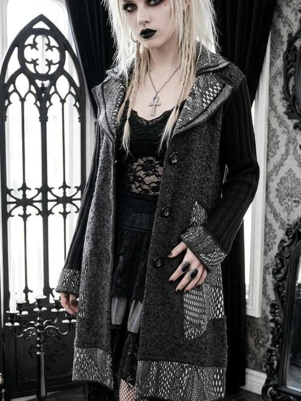 Sioni Vintage Goth Patchwork Cardigan Long Sleeves Coat